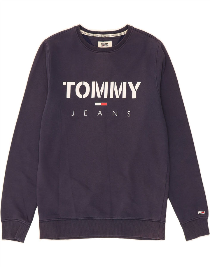 TOMMY HILFIGER Mens Graphic Sweatshirt Jumper Small Navy Blue Cotton Vintage Tommy Hilfiger and Second-Hand Tommy Hilfiger from Messina Hembry 
