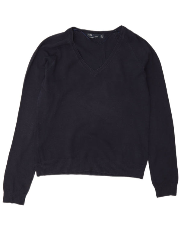 Zara Womens V-Neck Jumper Sweater UK 14 Large Navy Blue Cotton