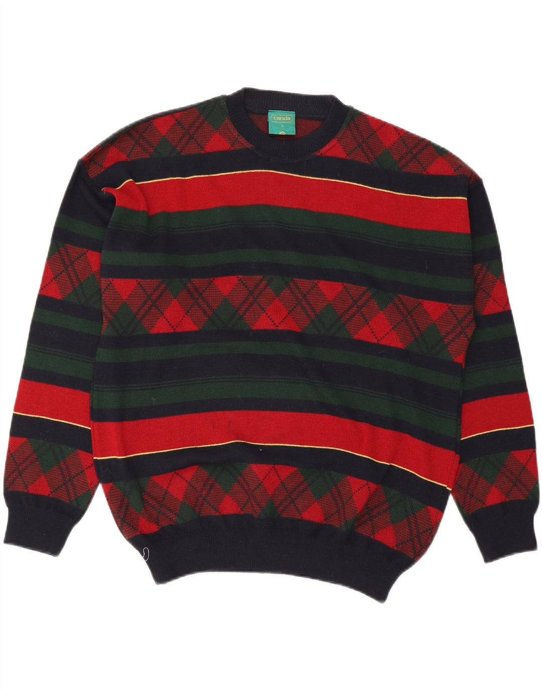 CANDA Mens Crew Neck Jumper Sweater Large Multicoloured Striped Acrylic