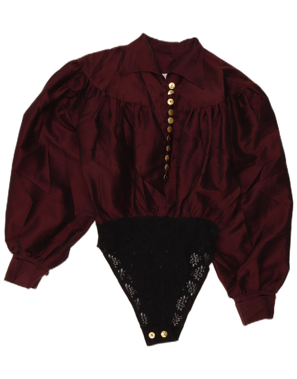 Cămașă vintage pentru femei cu mânecă lungă, UK 16, mare Burgundy Colorblock