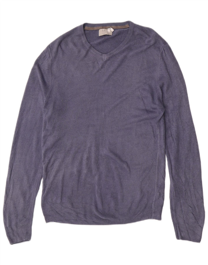 MARKS & SPENCER Mens Regular Fit V-Neck Jumper Sweater Large Blue Acrylic
