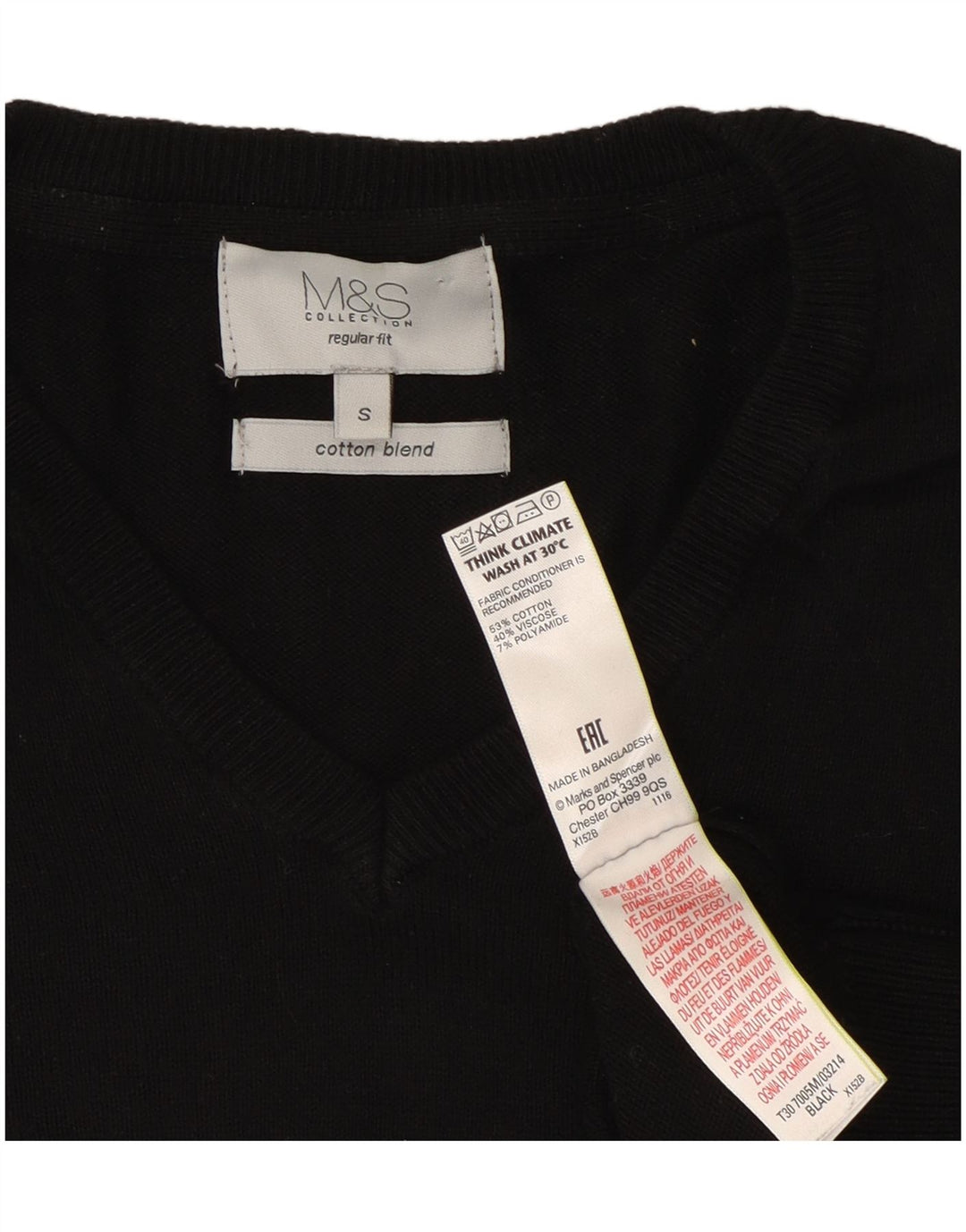 Pulover cu decolteu în V pentru bărbați Marks & Spencer, bumbac mic, negru