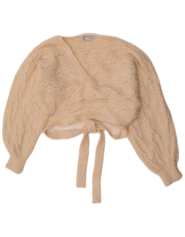 Pulover cardigan crop pentru femei Zara UK 14 Medium Bej Acrilic