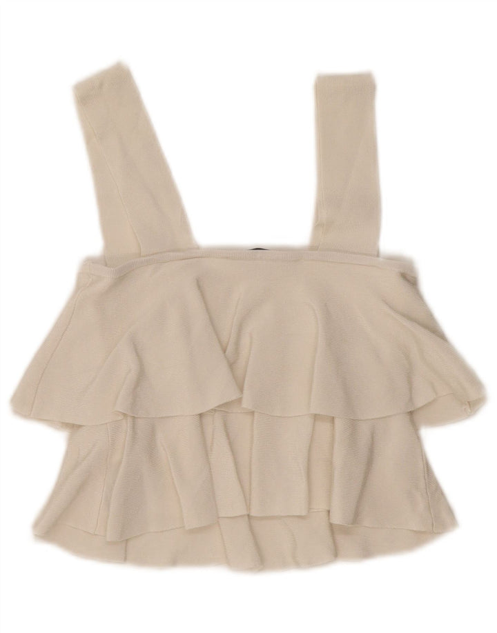 Top pentru femeie Zara Crop Volane în față UK 8 Small din viscoză alb