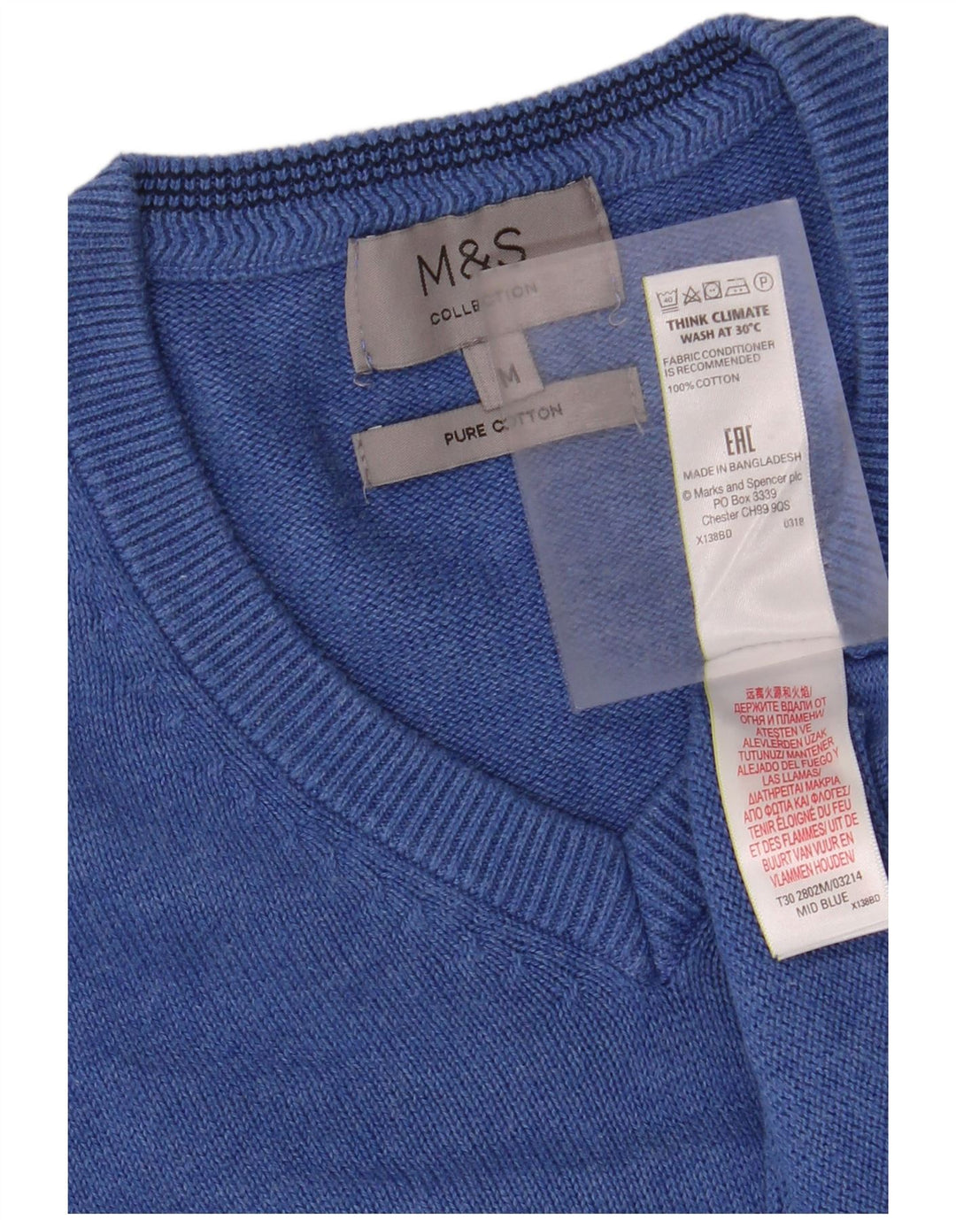 MARKS & SPENCER Pulover cu decolteu în V pentru bărbați, bumbac albastru mediu