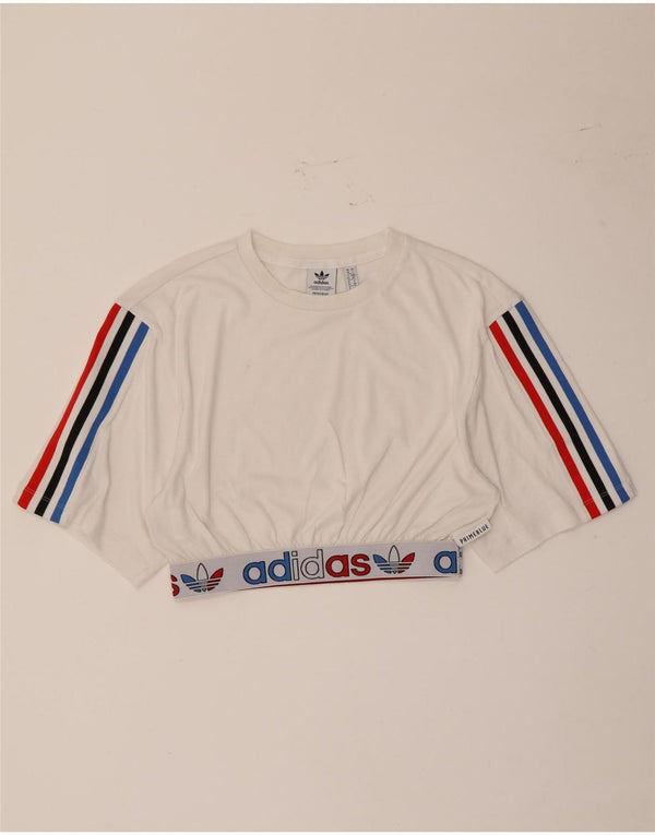 Tricou cu grafic pentru femei Adidas Prime Blue Crop Top UK 10 Small White