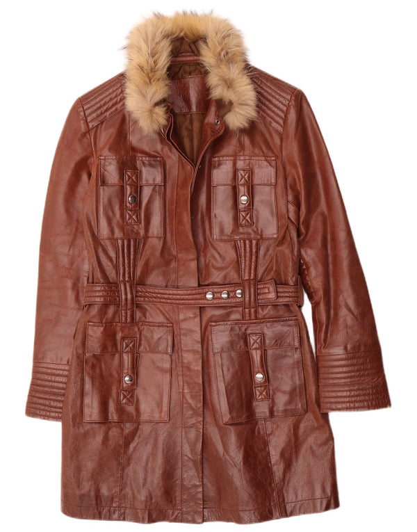 Palton de piele vintage pentru femei UK 10 mic maro