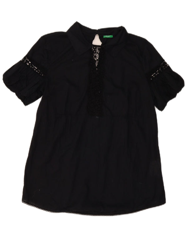 BENETTON Womens Blouse Top UK 14 Large Black Floral Cotton