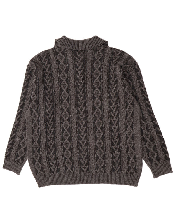Pulover vintage pentru bărbați, cu fermoar, cu gât, IT 52, lână geometrică, gri mare