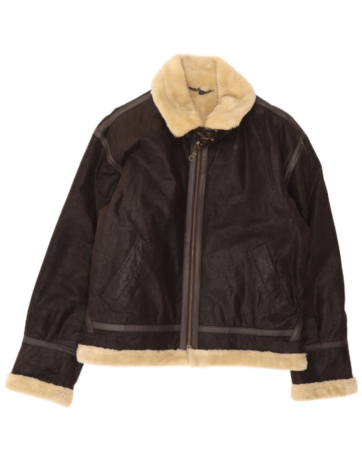 Jachetă Bomber din shearling vintage pentru bărbați UK 38 din piele maro medie
