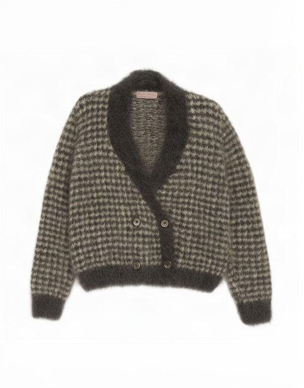 Pulover Cardigan Vintage pentru Damă UK 12 Medium Gri Houndstooth Mohair