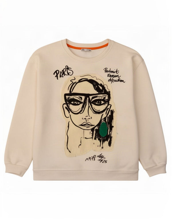 Pulover supradimensionat cu grafic pentru femei Zara UK 10 Poliester alb mic