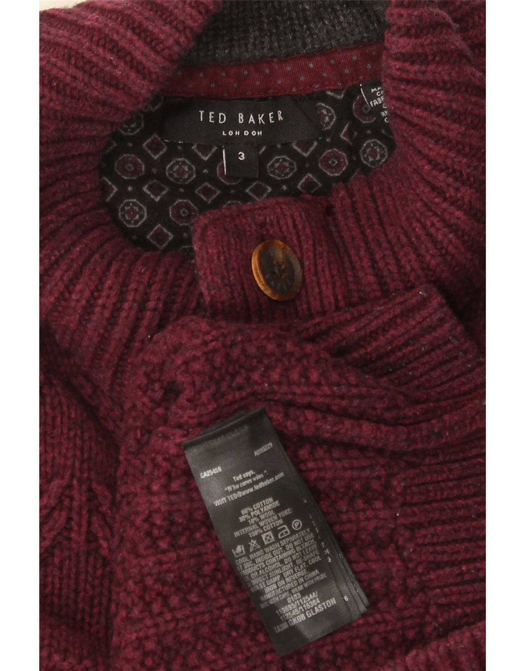 Pulover pentru bărbați Ted Baker cu gât cu nasturi, mărime 3, bumbac burgundy mediu
