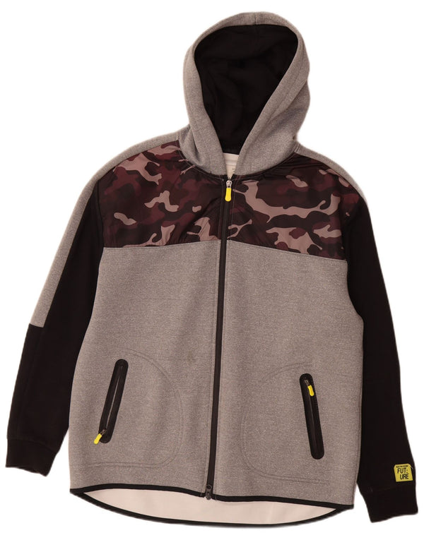 Pulover cu glugă cu fermoar grafic Zara pentru băieți 13-14 ani, poliester camuflaj gri