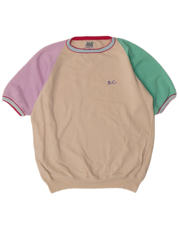 Hanorac cu mânecă scurtă cu grafică Best Company pentru bărbați. Pulover mare, bej, bumbac