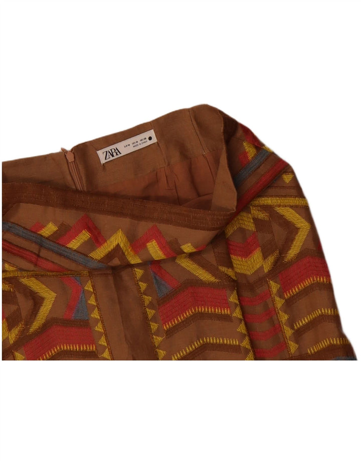 ZARA Womens High Waist Midi Skirt Medium W32  Brown Geometric Polyester
