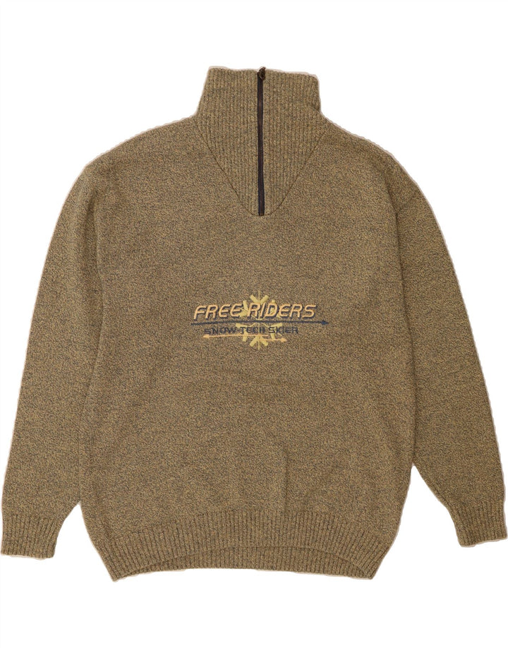 VINTAGE Mens Graphic Zip Neck Jumper Sweater Large Grey Cotton Vintage Vintage and Second-Hand Vintage from Messina Hembry 