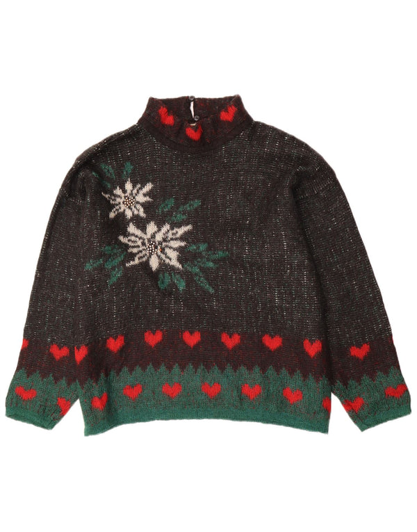 Pulover vintage cu gât țestoasă cu grafică pentru femei UK 16 mare, maro, floral