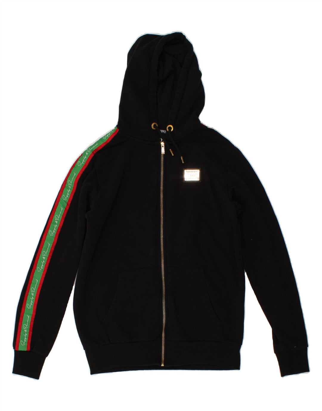 SUPPLY & DEMAND Mens Graphic Zip Hoodie Sweater Small Black Colourblock Vintage Supply & Demand and Second-Hand Supply & Demand from Messina Hembry 