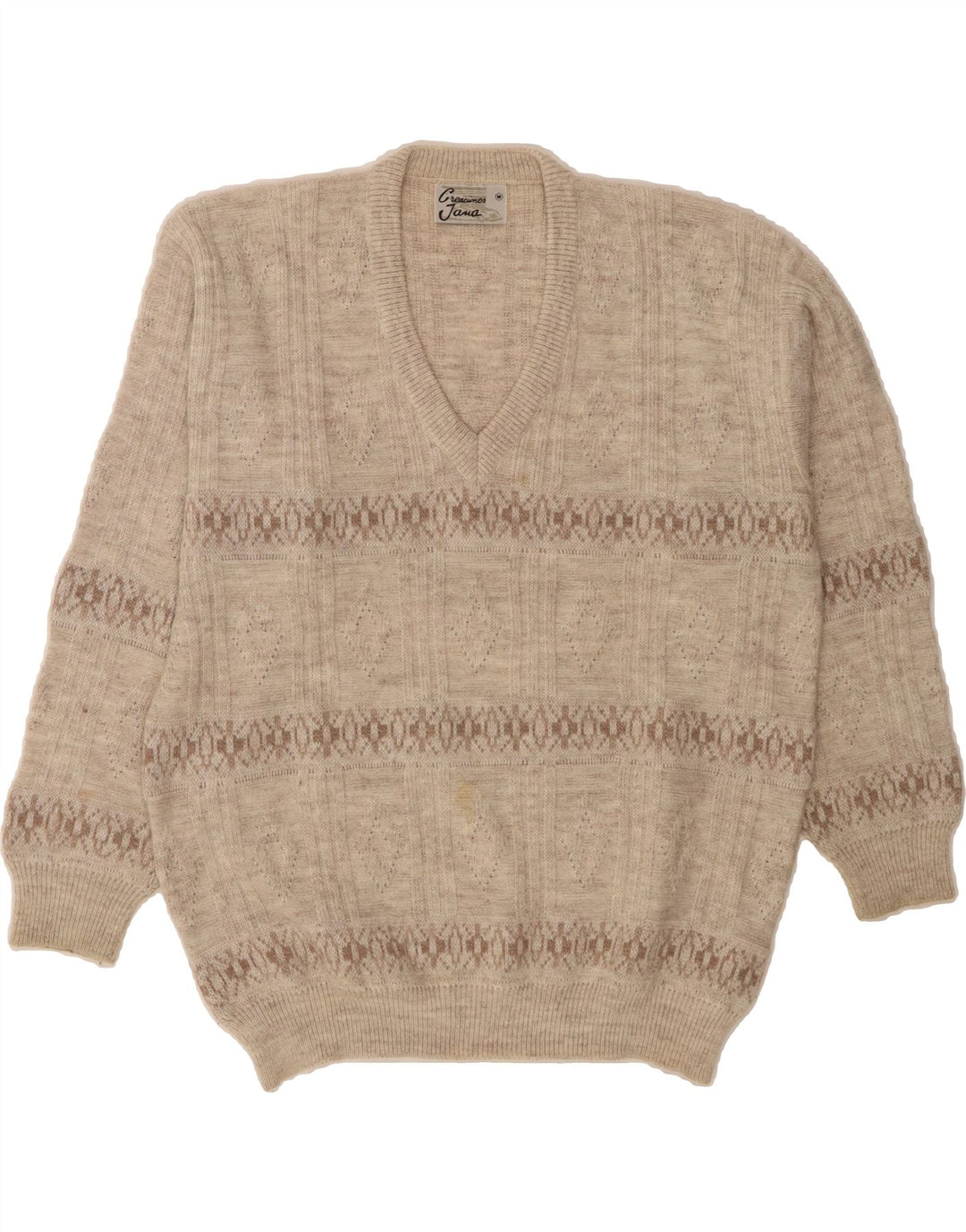 VINTAGE Mens V-Neck Jumper Sweater Medium Beige Argyle/Diamond Acrylic Vintage Vintage and Second-Hand Vintage from Messina Hembry 