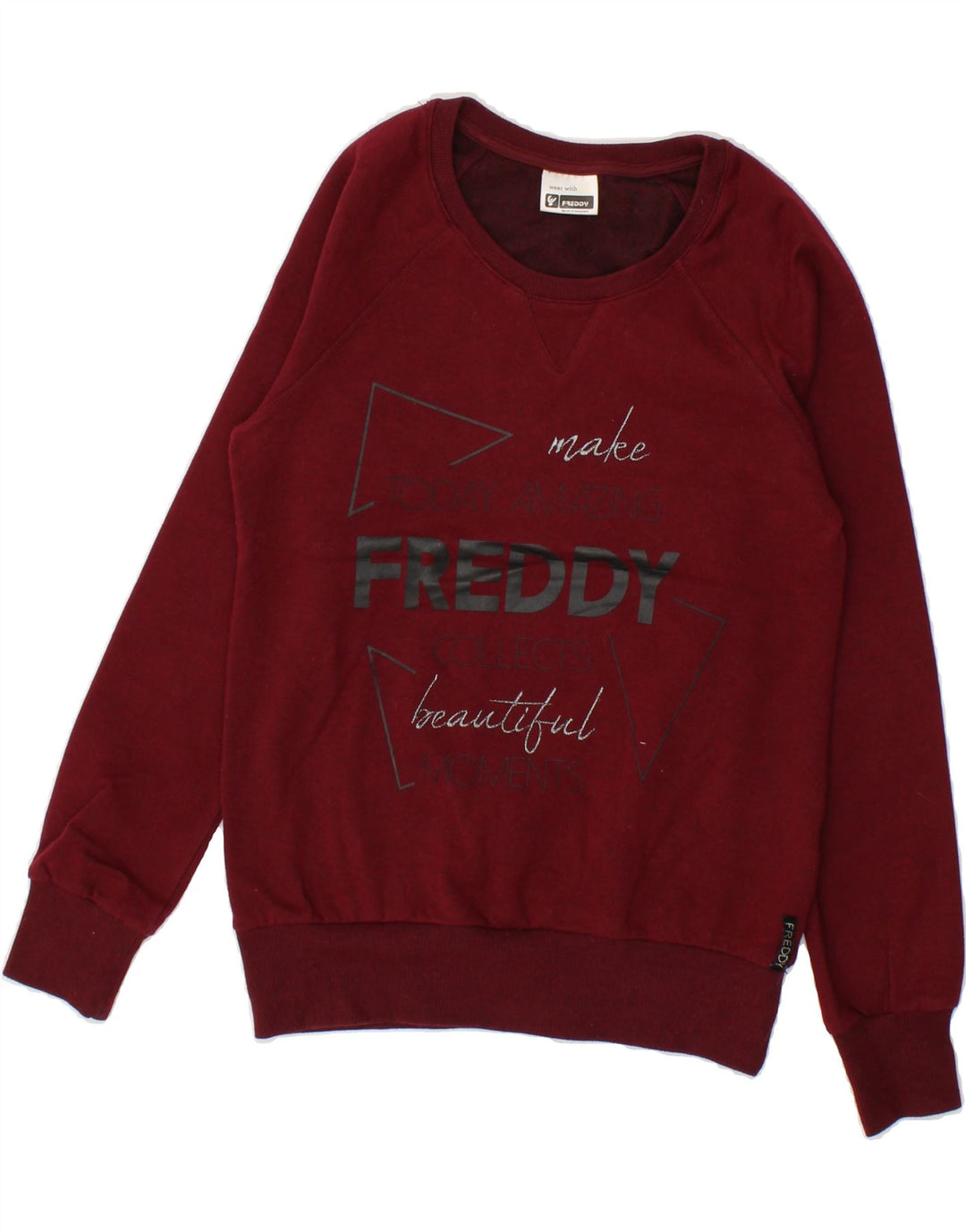 FREDDY Womens Graphic Sweatshirt Jumper UK 10 Small  Maroon Cotton Vintage Freddy and Second-Hand Freddy from Messina Hembry 