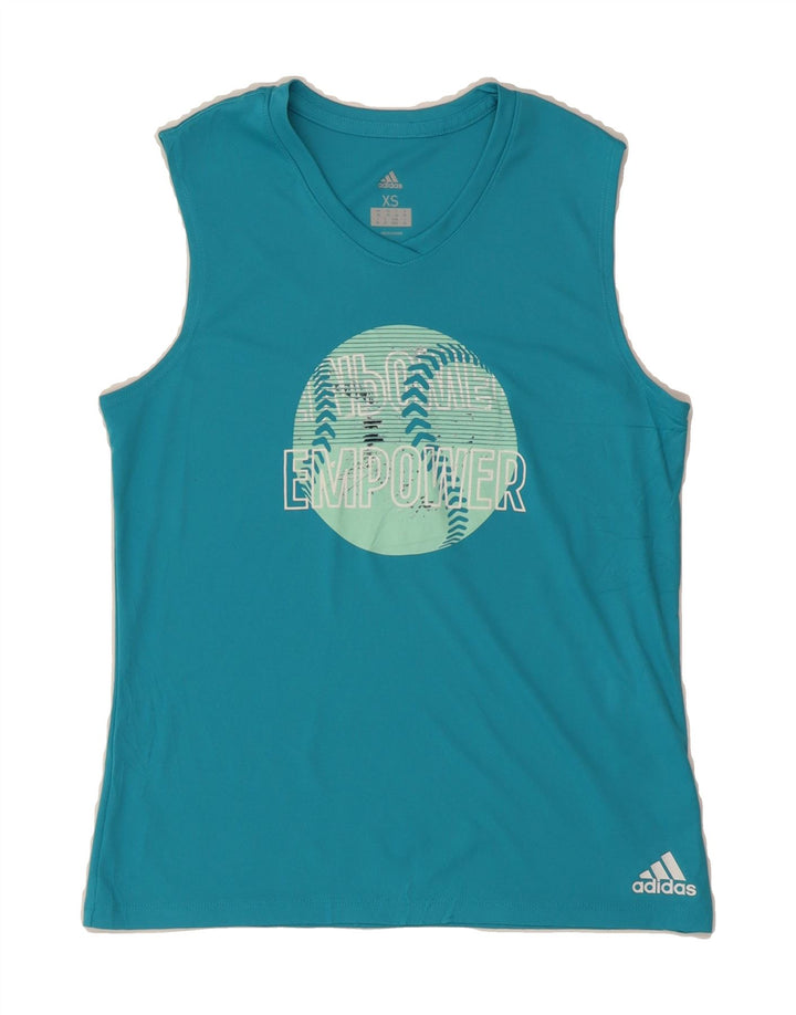 ADIDAS Womens Graphic Vest Top UK 6 XS Turquoise Polyester Vintage Adidas and Second-Hand Adidas from Messina Hembry 