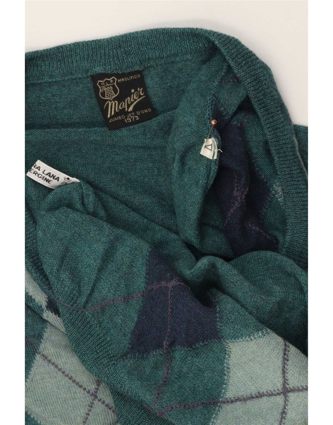Pulover pentru bărbați Mapier cu decolteu în V, verde mediu, lână Argyle/Diamond
