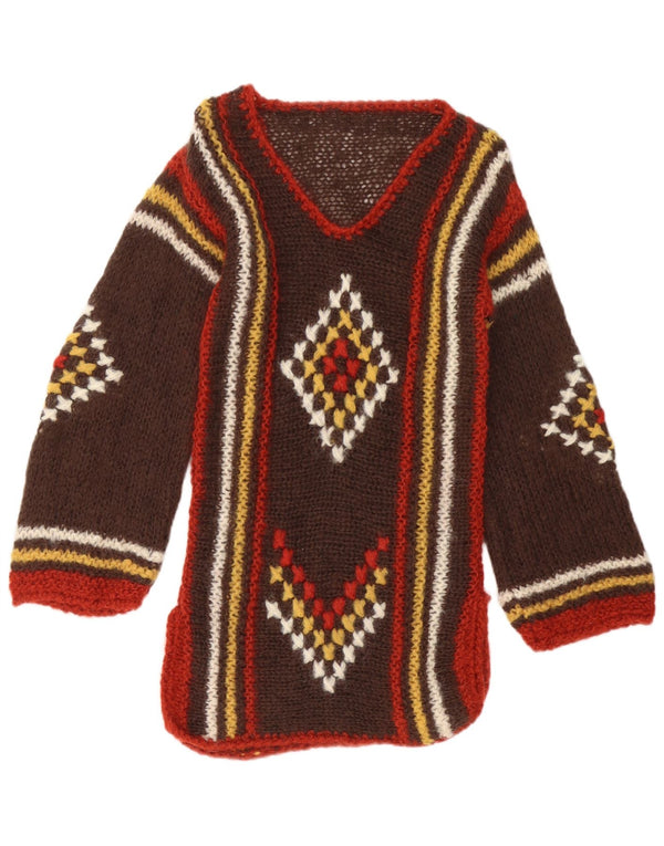 Pulover Vintage pentru femei cu decolteu în V UK 12 Maro Mediu Geometric Aztec