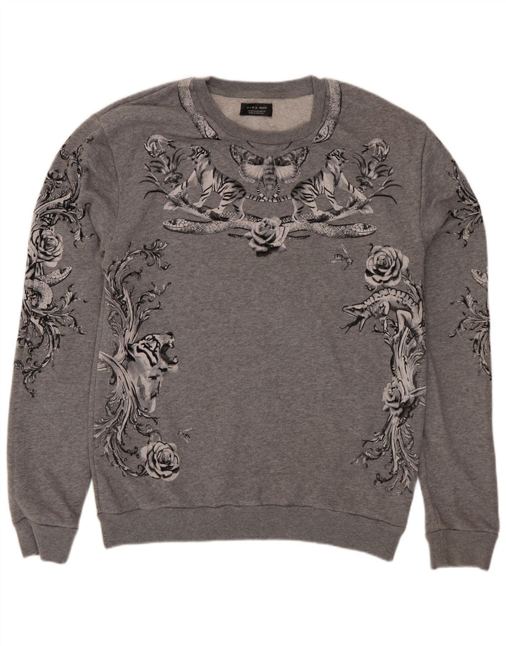 Pulover pentru bărbați Zara, cu grafică, din bumbac floral, gri mediu