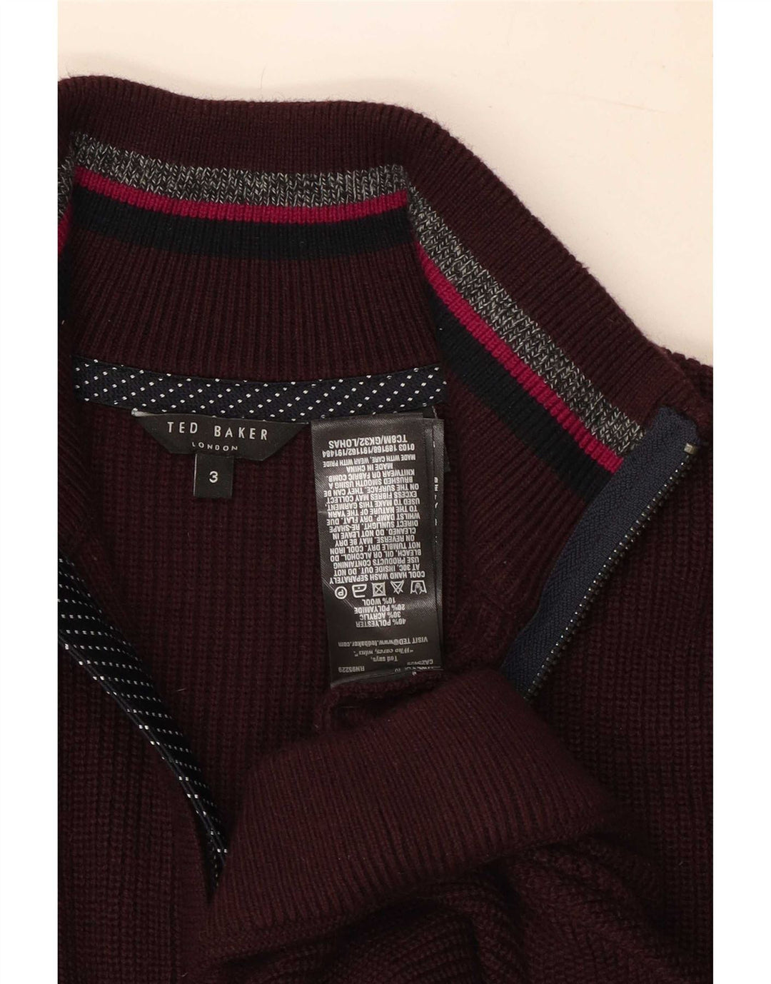 Pulover pentru bărbați Ted Baker, cu fermoar, cu gât, mărimea 3, poliester burgundy mediu