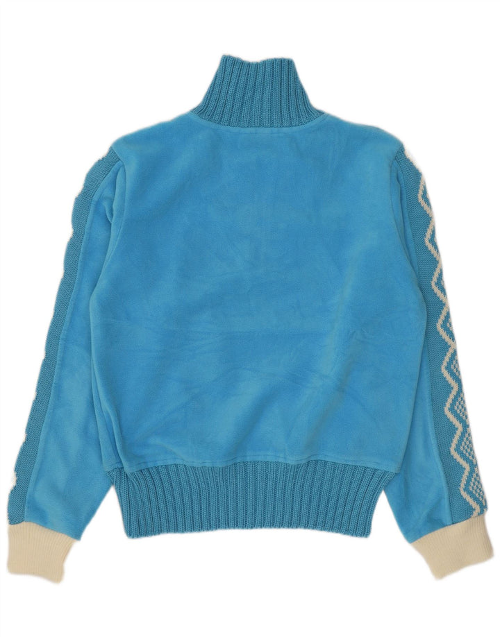 Pulover din lână vintage pentru femei, cu fermoar și gât, UK 14, poliester geometric, albastru mediu