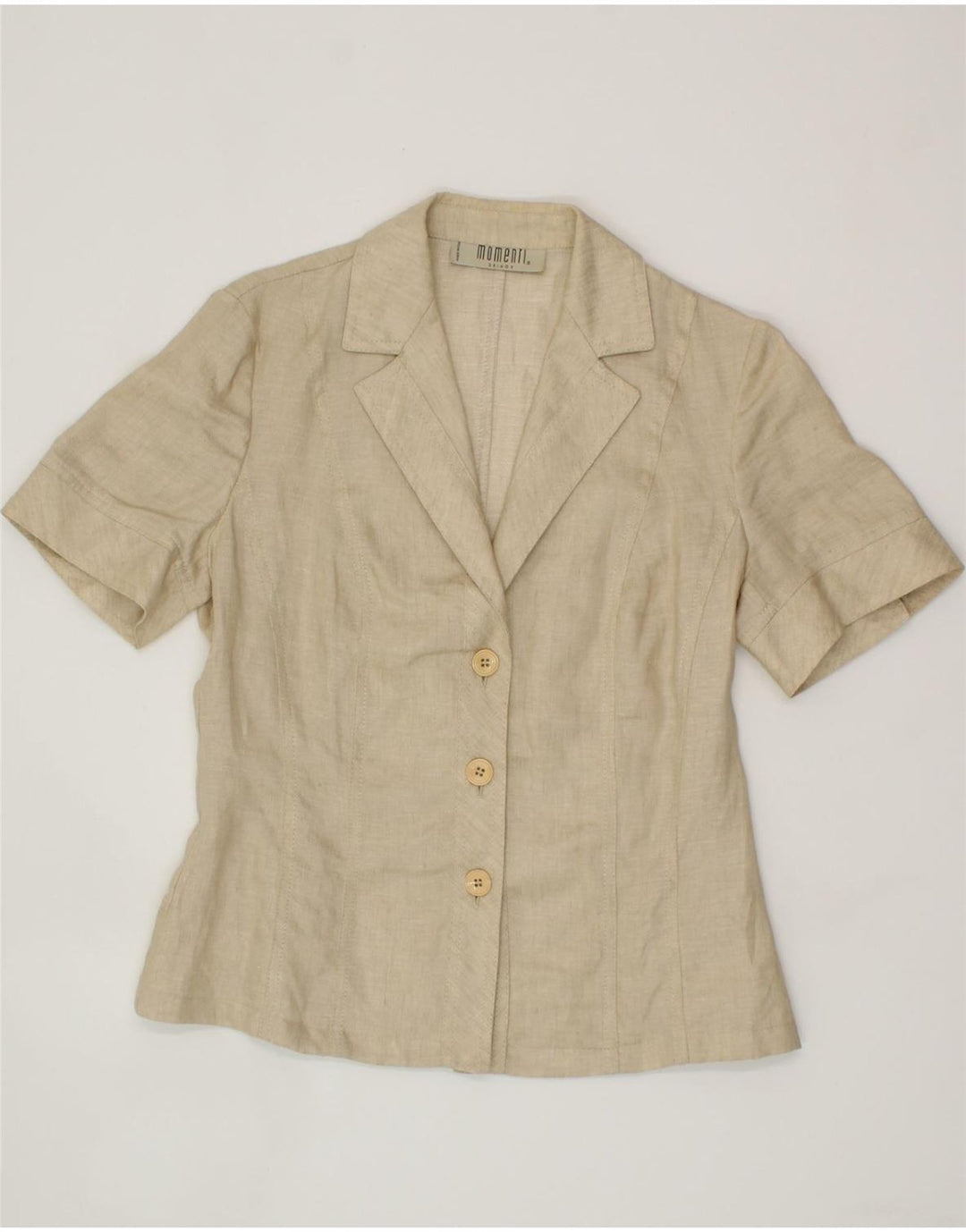 MOMENTI Womens 3 Button Short Sleeve Blazer Jacket UK 14 Medium Beige Vintage Momenti and Second-Hand Momenti from Messina Hembry 