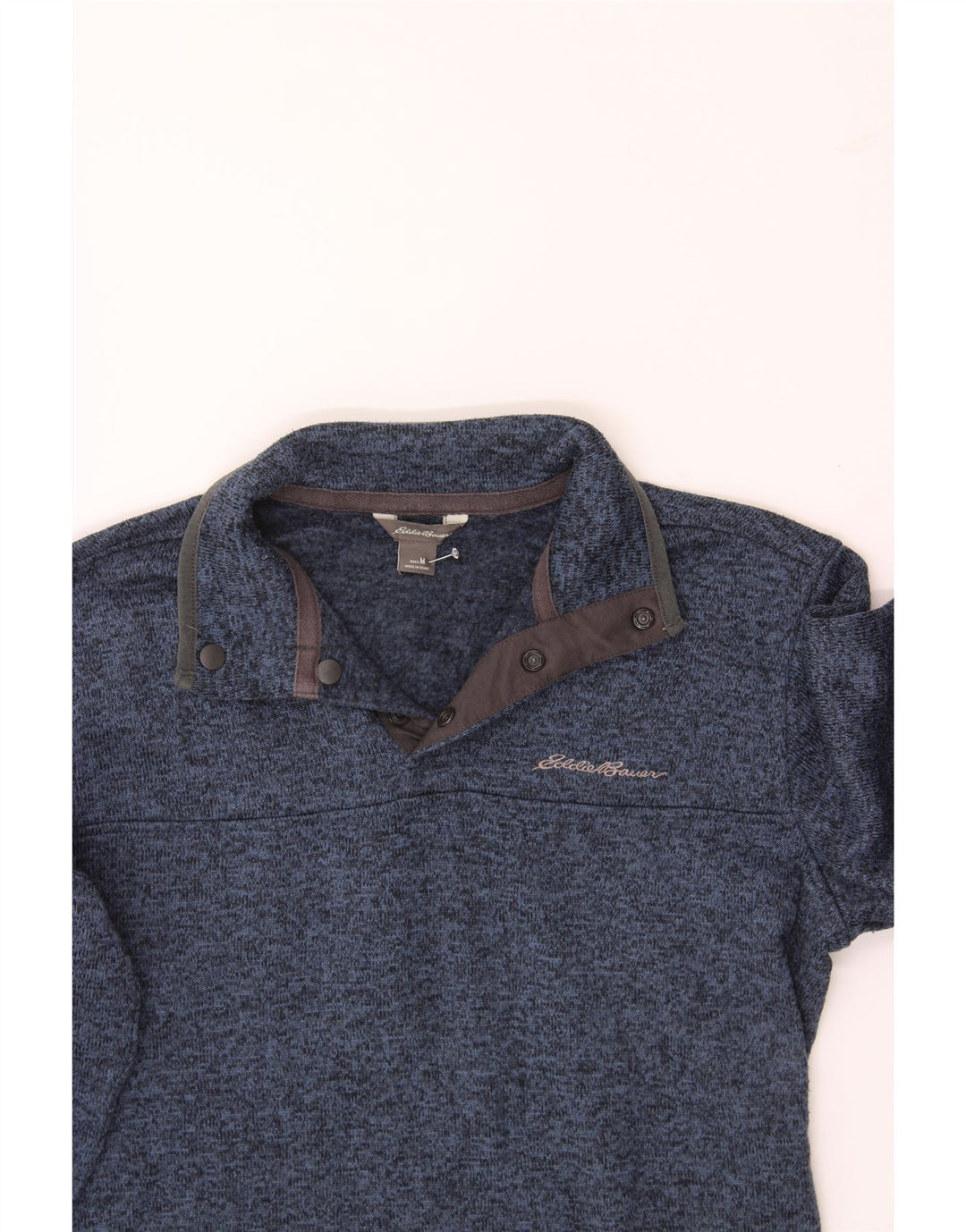 EDDIE BAUER Mens Button Neck Sweatshirt Jumper Medium Navy Blue Flecked Vintage Eddie Bauer and Second-Hand Eddie Bauer from Messina Hembry 