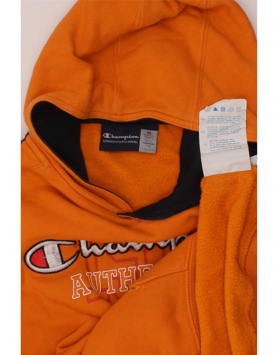 CHAMPION Boys Authentic Hoodie Jumper 9-10 Years Medium Orange Colourblock Vintage Champion and Second-Hand Champion from Messina Hembry 