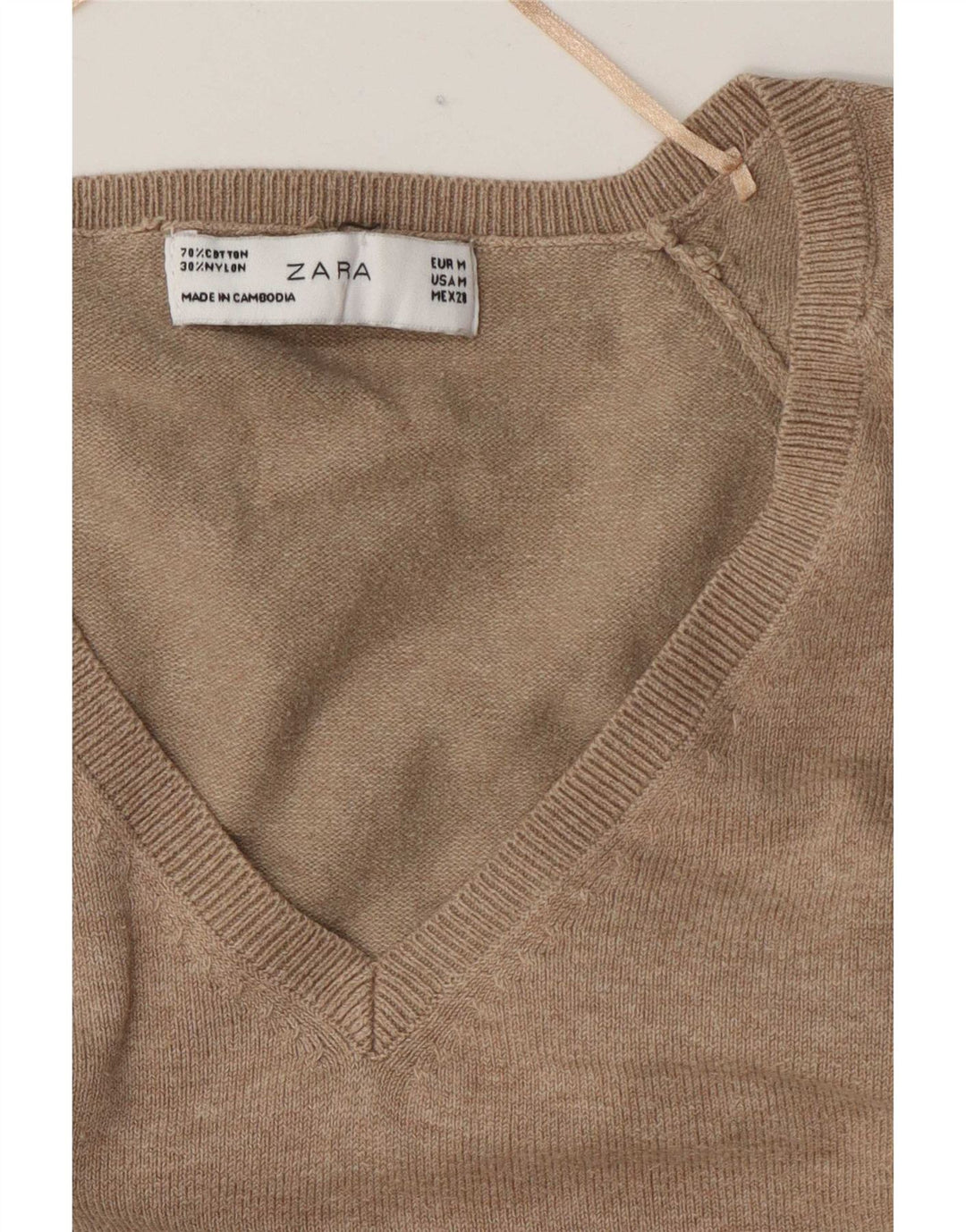 Pulover pentru femeie Zara, cu decolteu în V, UK 14, bumbac maro mediu
