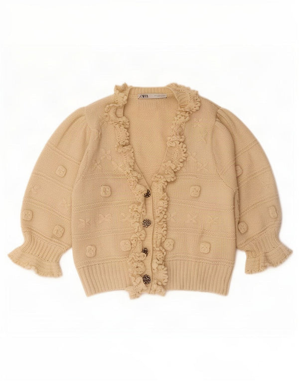 Pulover cardigan pentru femei cu mâneci 3/4 cu volane în față UK 14 mare bej