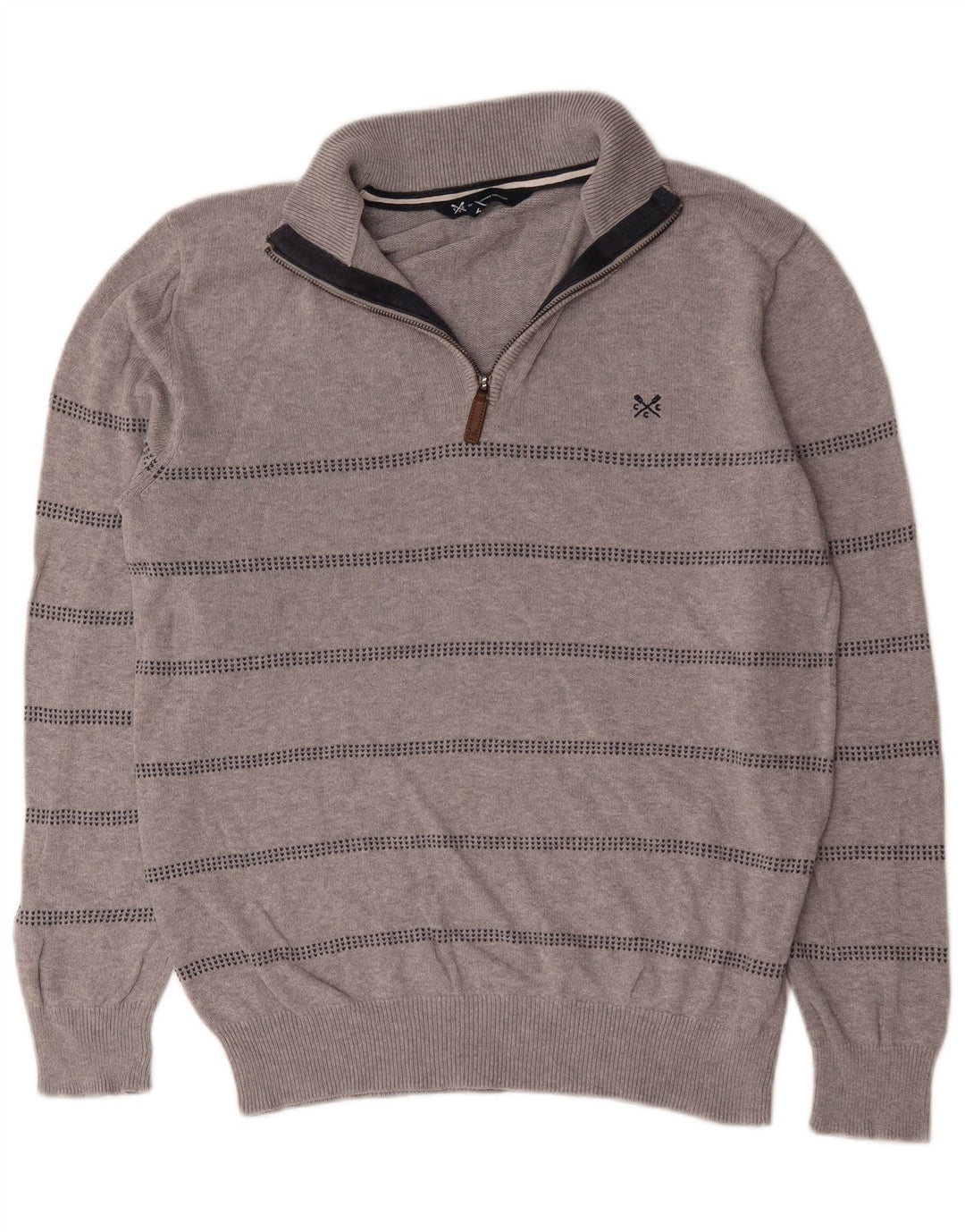 Crew Clothing Pulover pentru bărbați, cu fermoar, cu gât, bumbac cu dungi, gri mediu