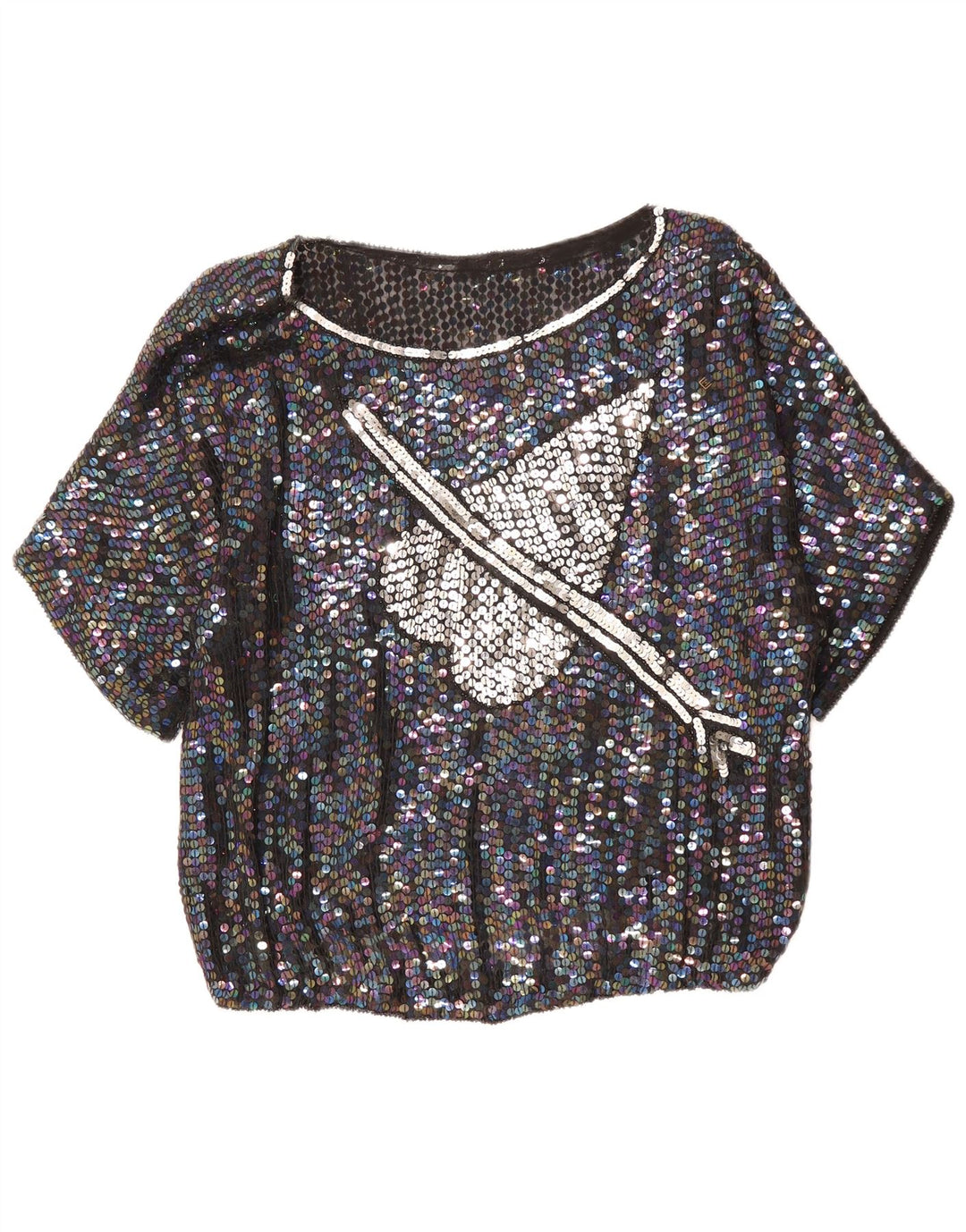 Bluză cu grafică VINTAGE pentru femei UK 14, inimă mare neagră cu pete