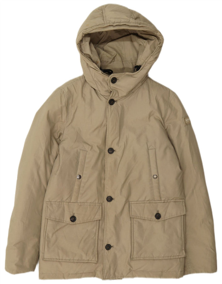 Jachetă căptușită cu glugă Woolrich pentru băieți 11-12 ani, bumbac bej