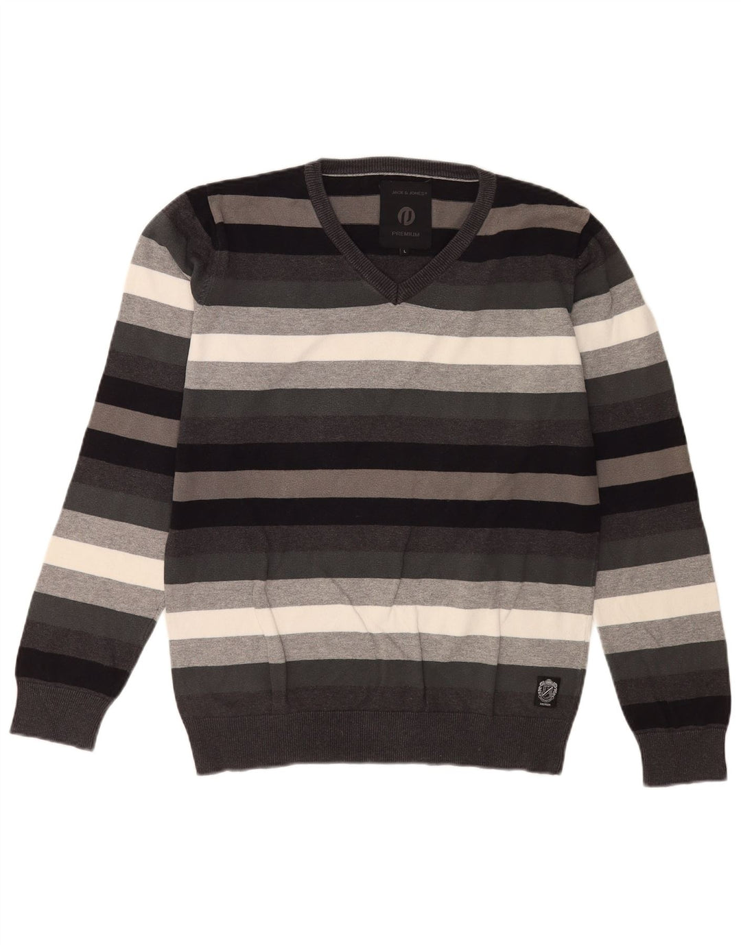 Jack & Jones Pulover cu decolteu în V pentru bărbați, cu dungi mari, gri