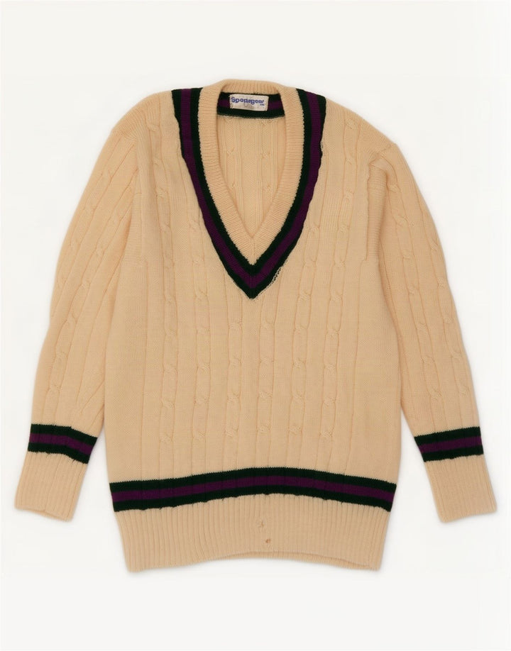 Pulover vintage pentru bărbați cu decolteu în V, mic, bej, bloc de culoare