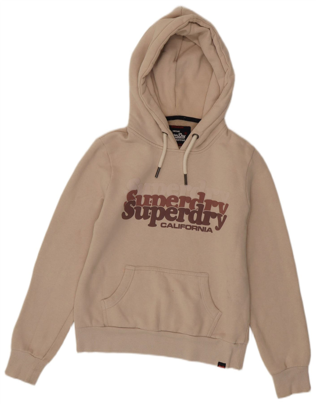 SUPERDRY Pulover cu glugă cu grafic pentru femei UK 8 mic, bej, bumbac