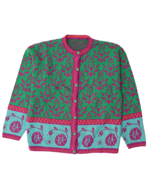 Pulover cardigan pentru femei VINTAGE UK 14 Lână florală verde medie