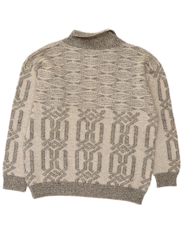 Pulover vintage pentru bărbați cu gât șal, mic, gri geometric, acrilic