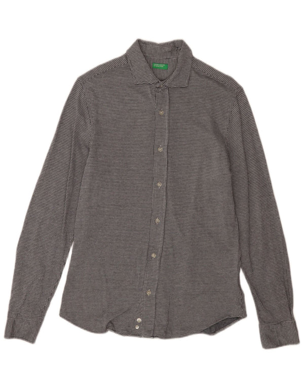 Benetton Mens Shirt Medium Grey Houndstooth Cotton