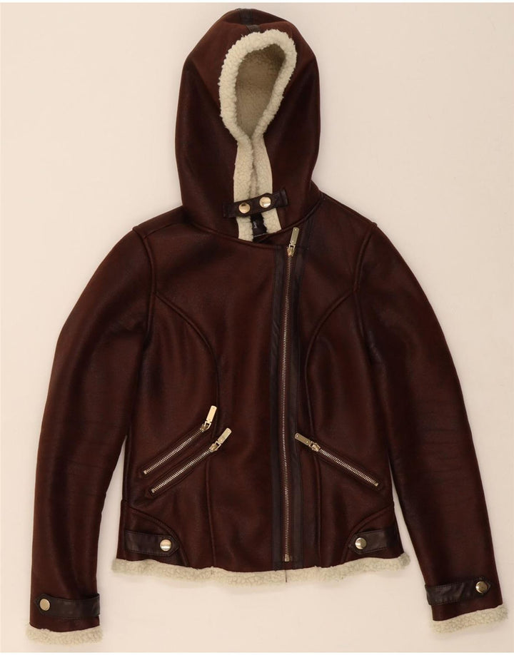 VINTAGE Womens Hooded Sherpa Jacket UK 10 Small  Brown Polyester Vintage Vintage and Second-Hand Vintage from Messina Hembry 