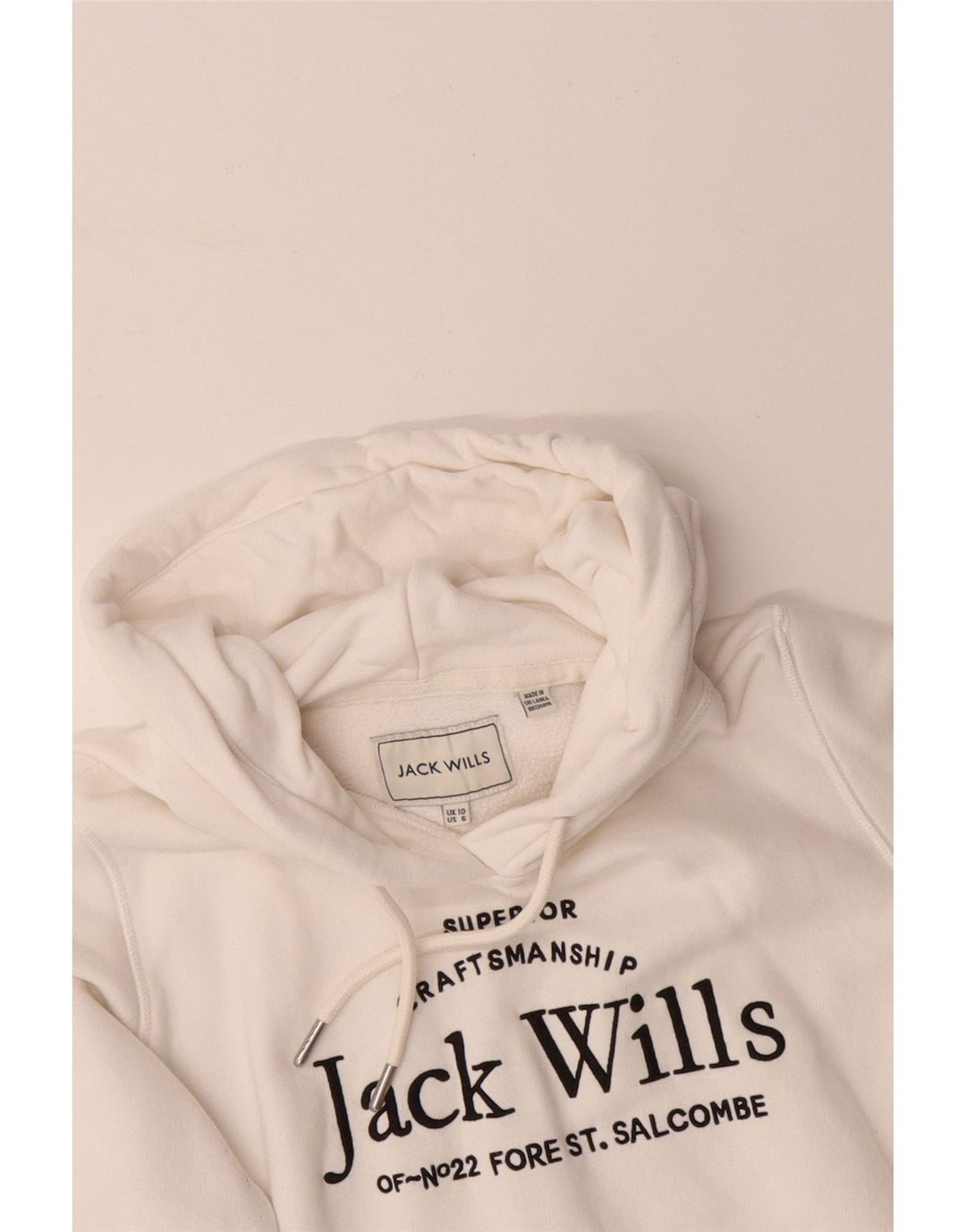 JACK WILLS Pulover supradimensionat cu glugă cu grafic pentru femei UK 10 Bumbac alb mic
