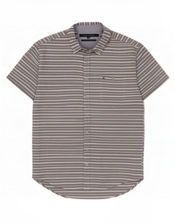 Cămașă personalizată cu mânecă scurtă Tommy Hilfiger pentru bărbați, bumbac cu dungi gri 2XL
