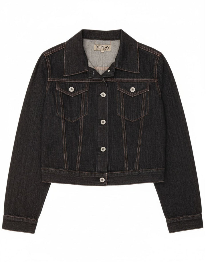 Jachetă de denim crop Replay pentru femei UK 14, mare, negru, bumbac