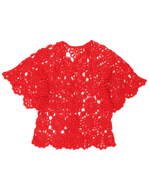 VINTAGE Top cardigan croșetat cu mânecă scurtă pentru femei UK 12 Medium Red Floral